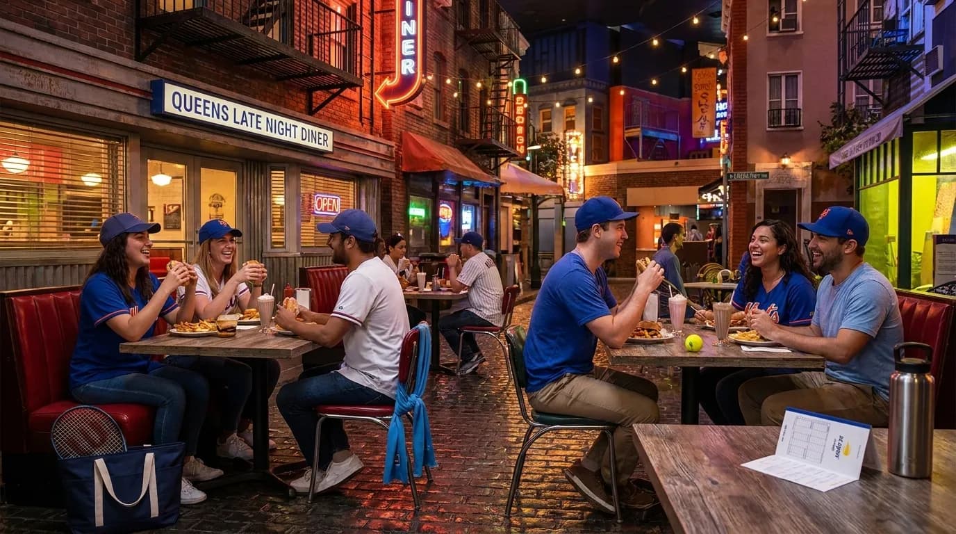 Bright New York local-life cover for Brooks Raley Mets Fans: Queens Late Night Diners US Open.