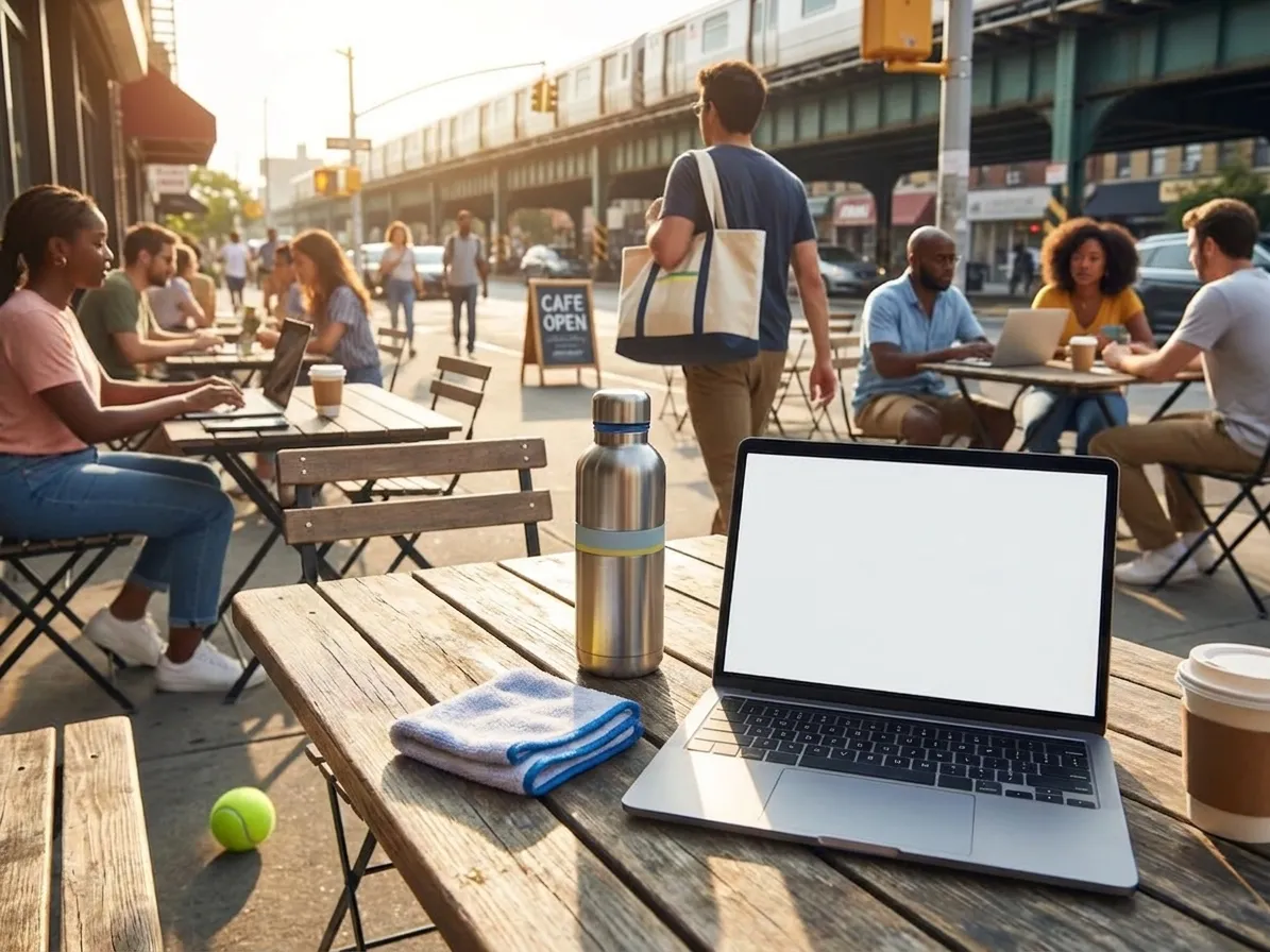 Bright Queens local-life detail for Stock Market Open Cafes For US Open 2026 Remote Workers.