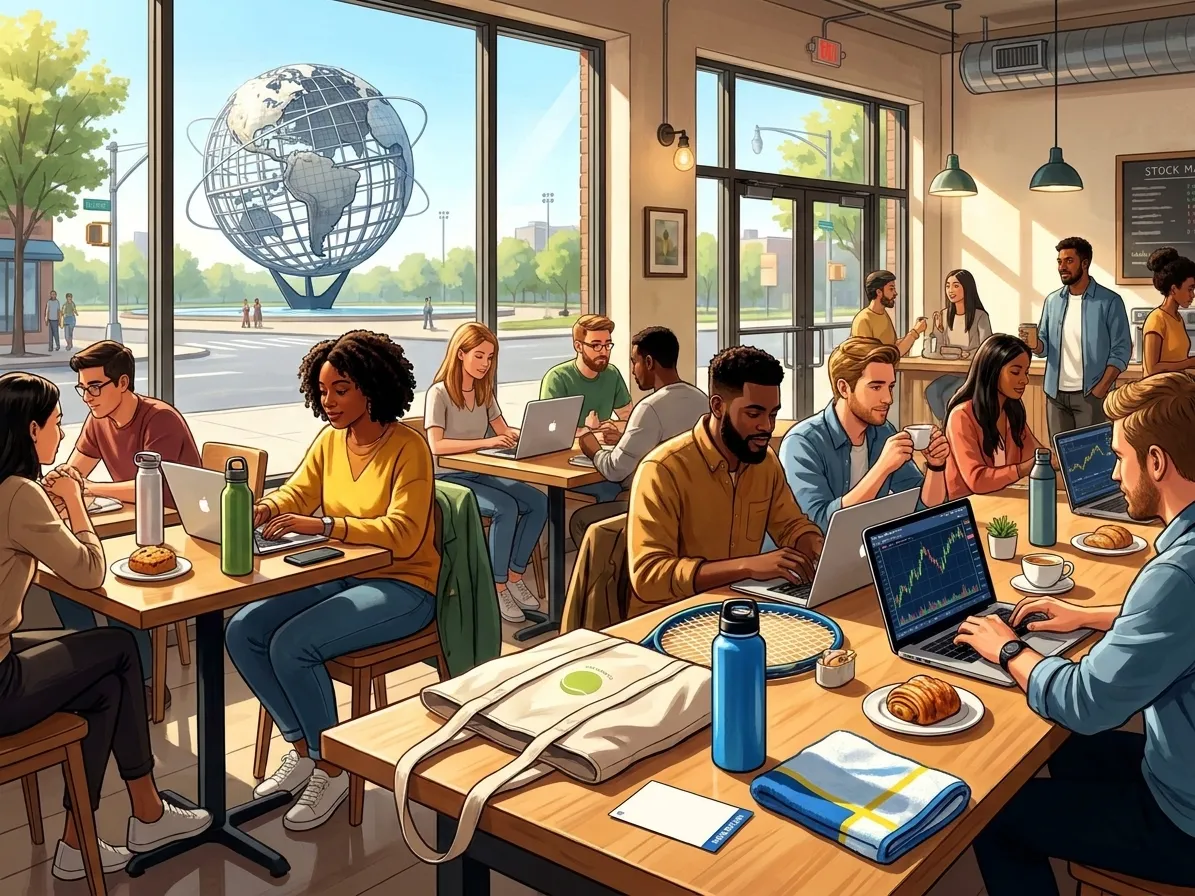 Bright realistic US Open 2026 local-life cover for Stock Market Open Cafes For US Open 2026 Remote Workers.
