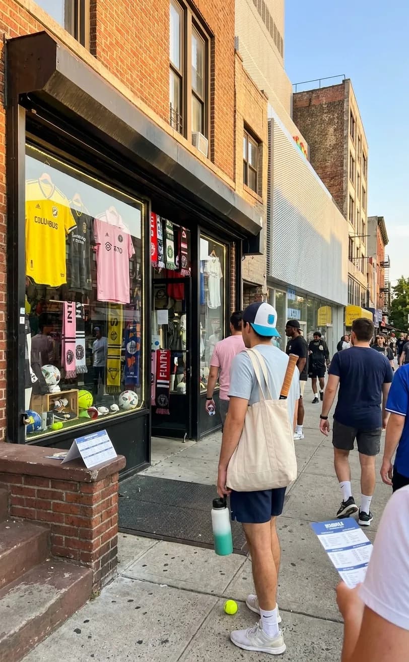 A bright Queens local-life scene connected to Columbus vs Inter Miami Soccer: NYC Futbol Gear Shops US Open.