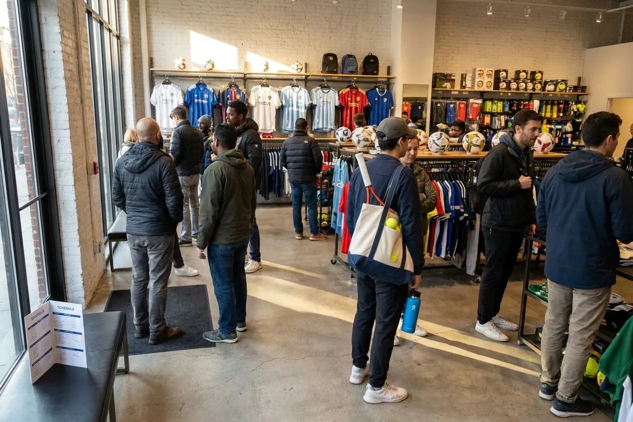 A bright Queens local-life scene connected to Columbus vs Inter Miami Soccer: NYC Futbol Gear Shops US Open.