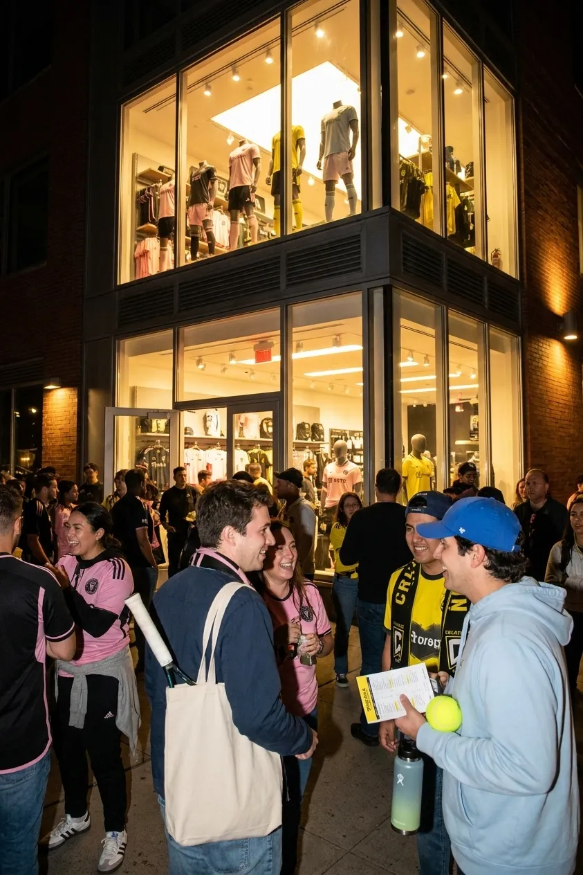 Bright New York local-life cover for Columbus vs Inter Miami Soccer: NYC Futbol Gear Shops US Open.