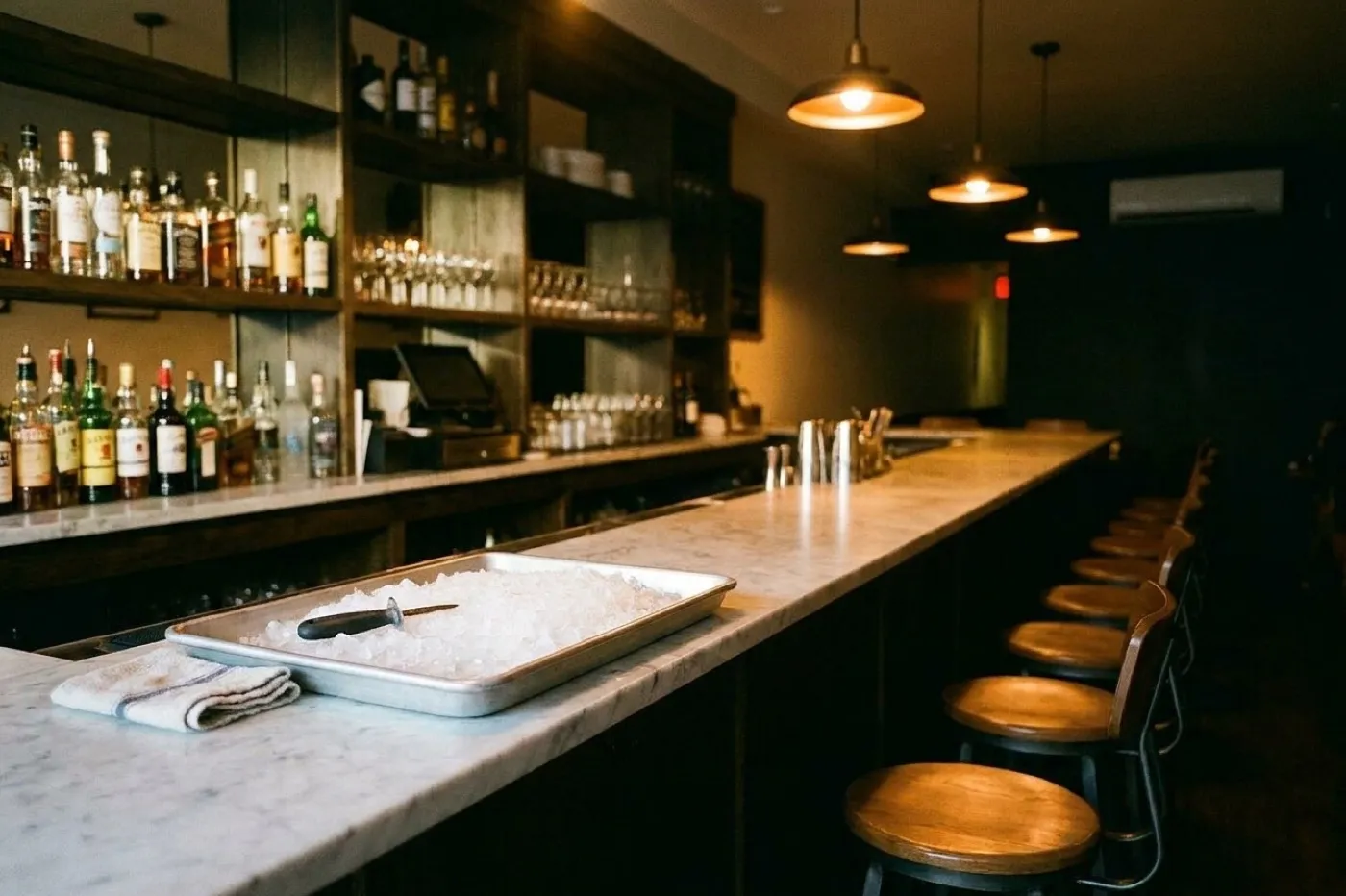 A marble oyster bar counter with a tray of ice, shucking knives and a row of empty stools under warm pendant lights