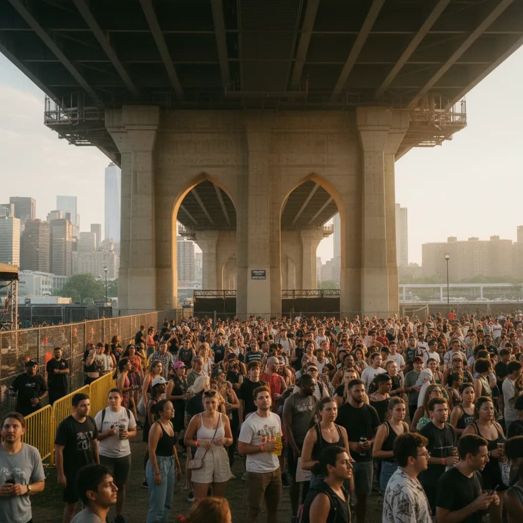 Outdoor concert crowd under a Brooklyn bridge with security lanes and summer evening light