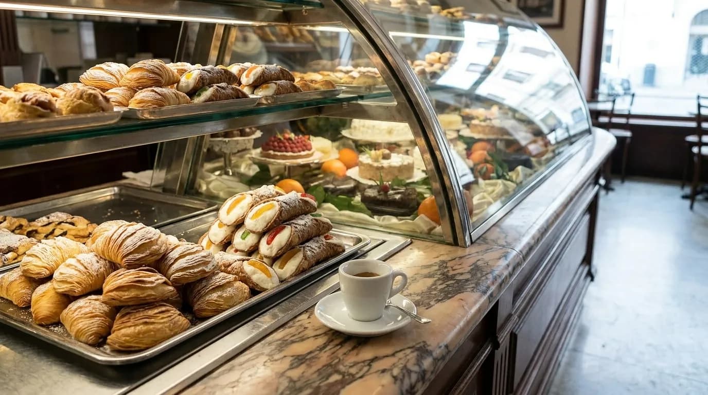 A tray of Italian pastries and a small espresso cup on a marble café counter, the display case glass reflecting the street outside