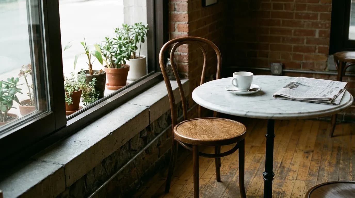 A quiet café corner with a marble table by a window, a single cup and an empty wooden chair