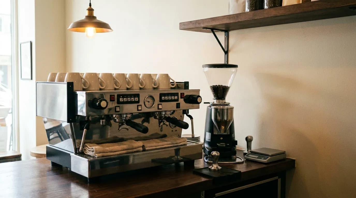 An espresso machine on a wooden counter with a stack of clean cups and a scale beside it