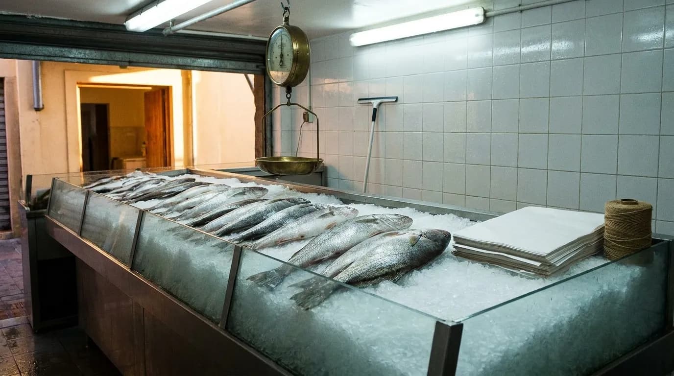 A tiled fish market counter with whole fish laid out on crushed ice behind glass, hanging scales above and a stack of white paper wrap at the end