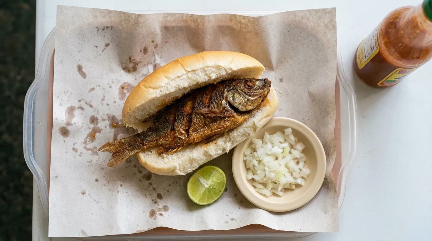 A fried whole fish served in a soft roll on a paper-lined tray with a wedge of lime and a small dish of onions, a bottle of hot sauce nearby