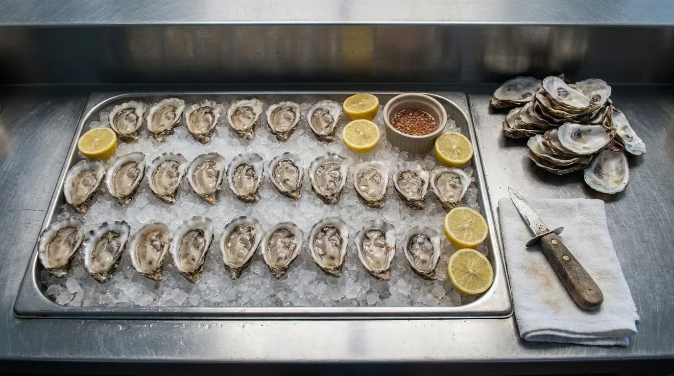 A raw bar counter with a bed of crushed ice, oysters arranged in rows, lemon halves and a shucking knife resting on a folded cloth
