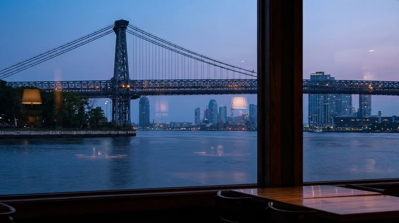 A waterfront restaurant window looking across the East River at dusk with a suspension bridge tower and the Manhattan skyline behind it
