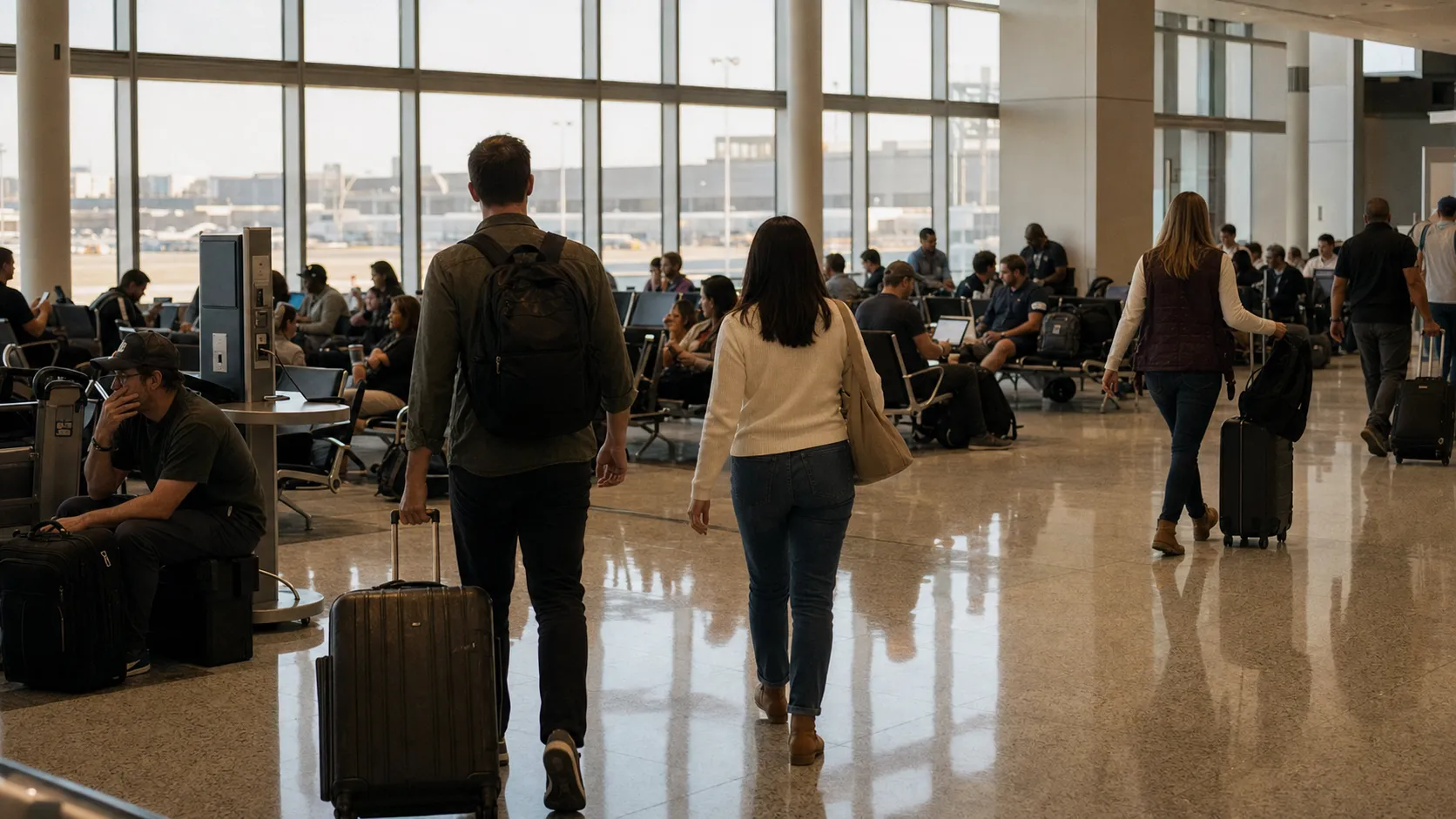 Travelers wait with luggage inside a New York-area airport terminal after a flight disruption.