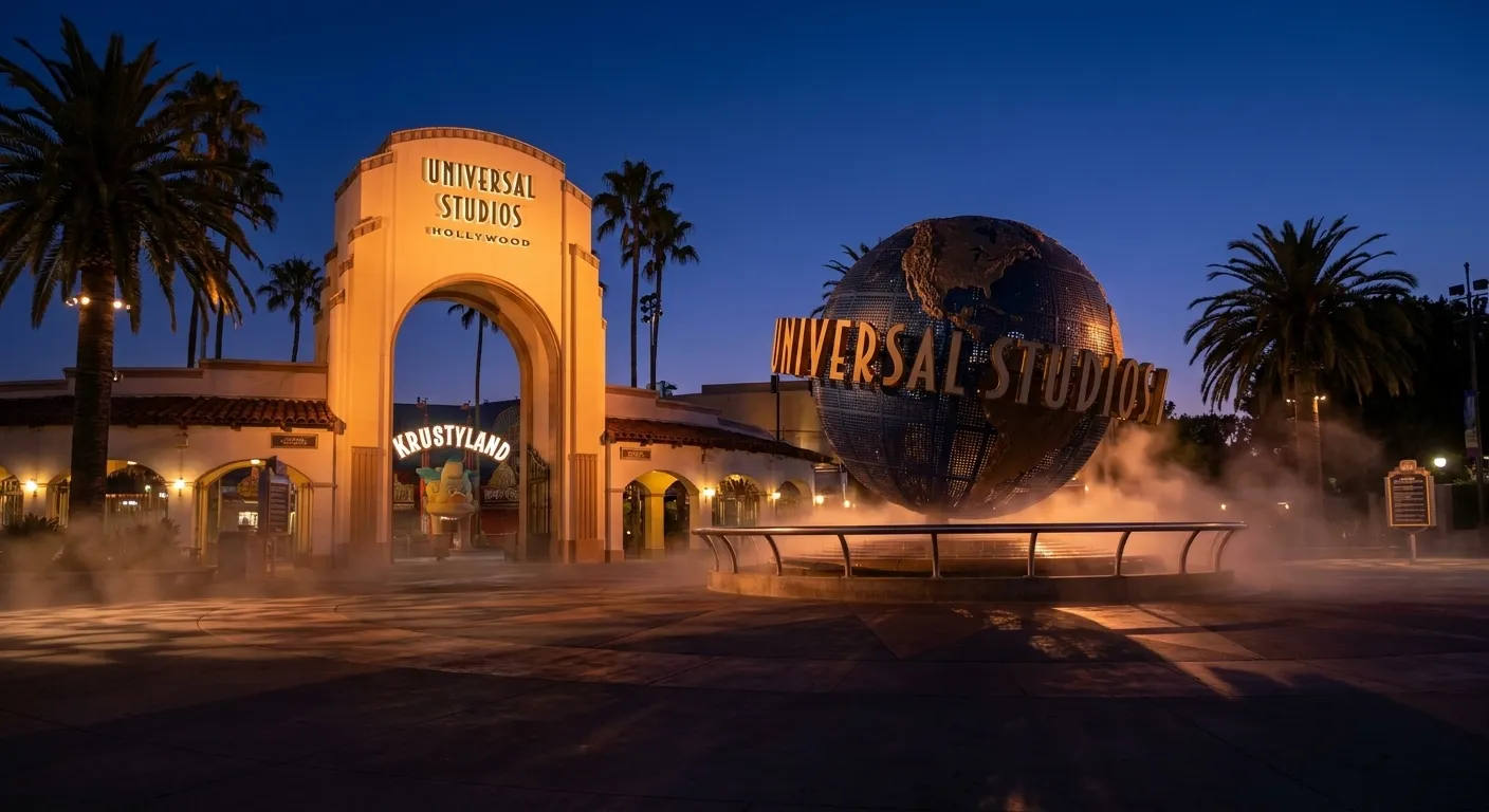 Universal Studios Hollywood illuminated entrance archway at night with palm trees