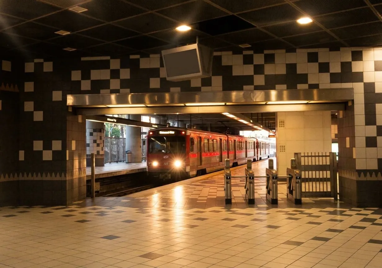 Metro B Line platform at Universal City station with arriving red line train and directional signage