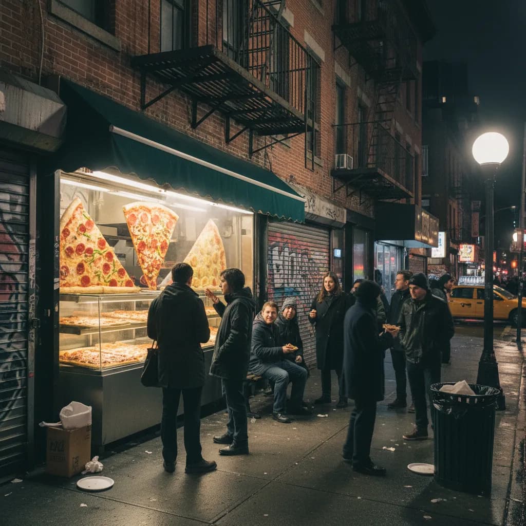 Editorial scene for Best Late-Night Pizza Slices In NYC By Neighborhood in NYC.