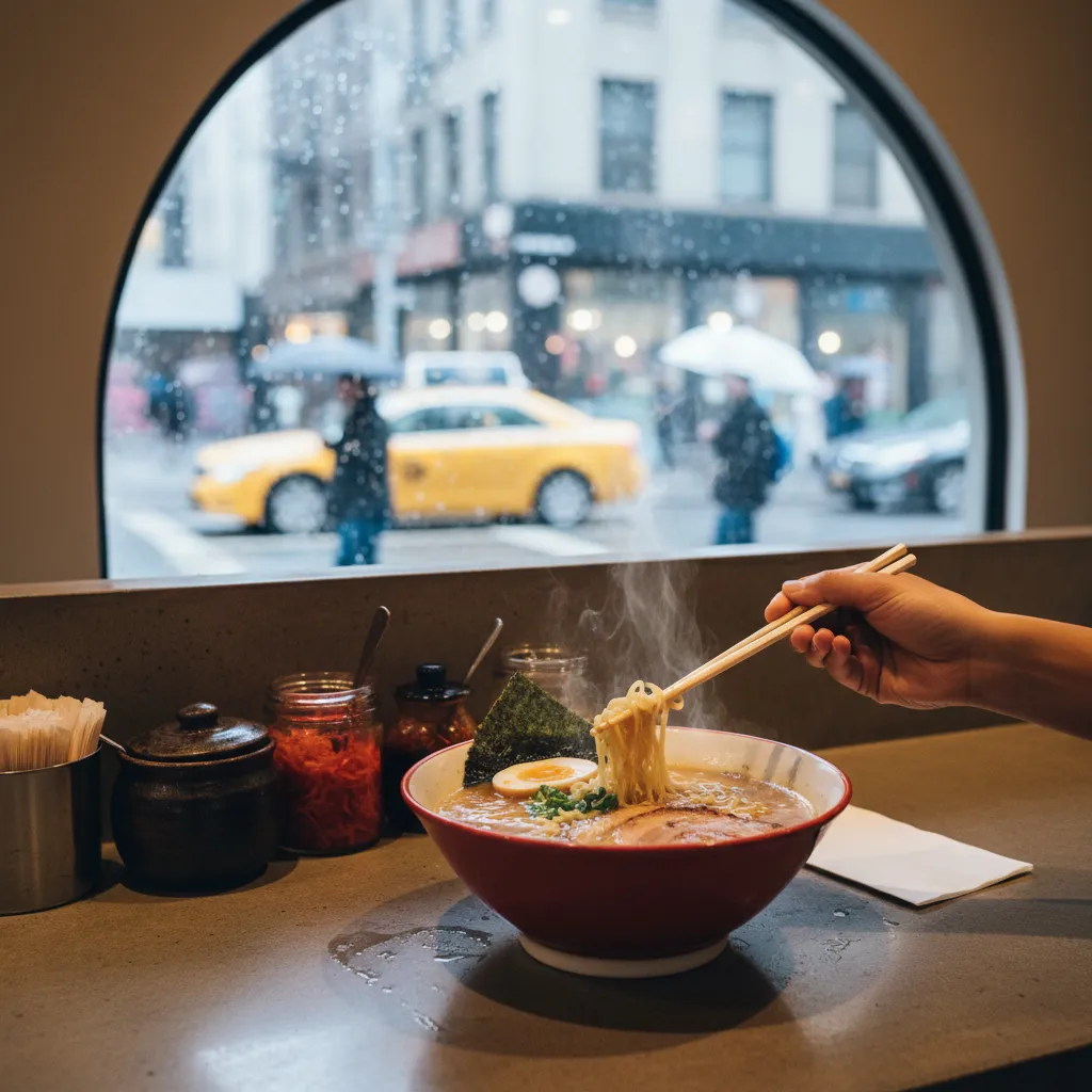 Editorial scene for Best Ramen In NYC For Rainy Summer Weekend Plans in NYC.