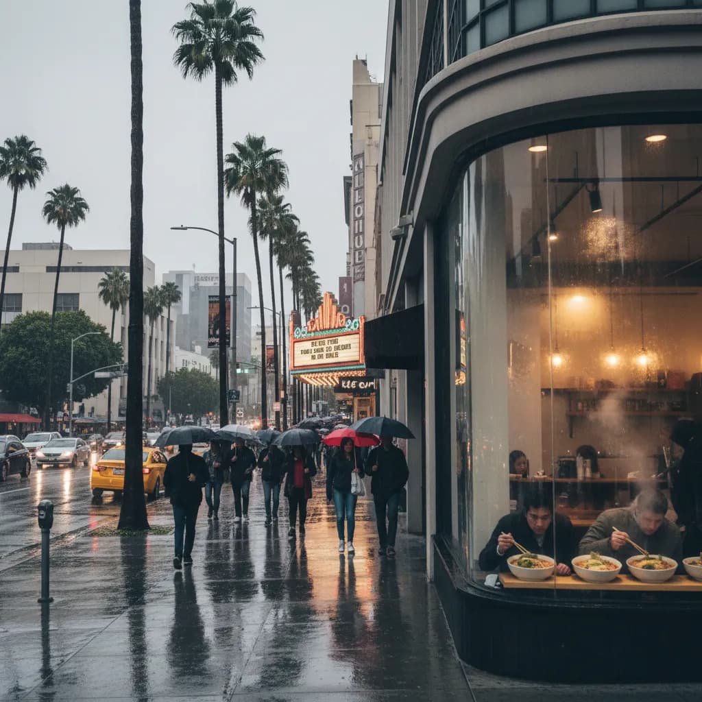 Editorial scene for LA Rainy Day Plans: Museums, Movies, And Ramen in LA.