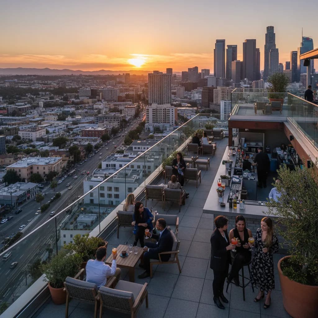 Editorial scene for LA Rooftop Bars For Sunset Drinks And City Views in LA.