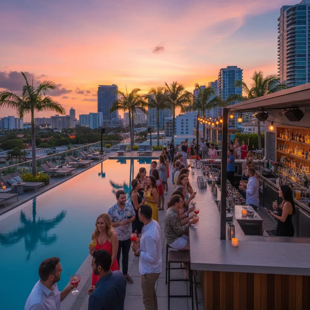 Editorial scene for Miami Rooftop Bars For Sunset Drinks And Warm Nights in Miami.