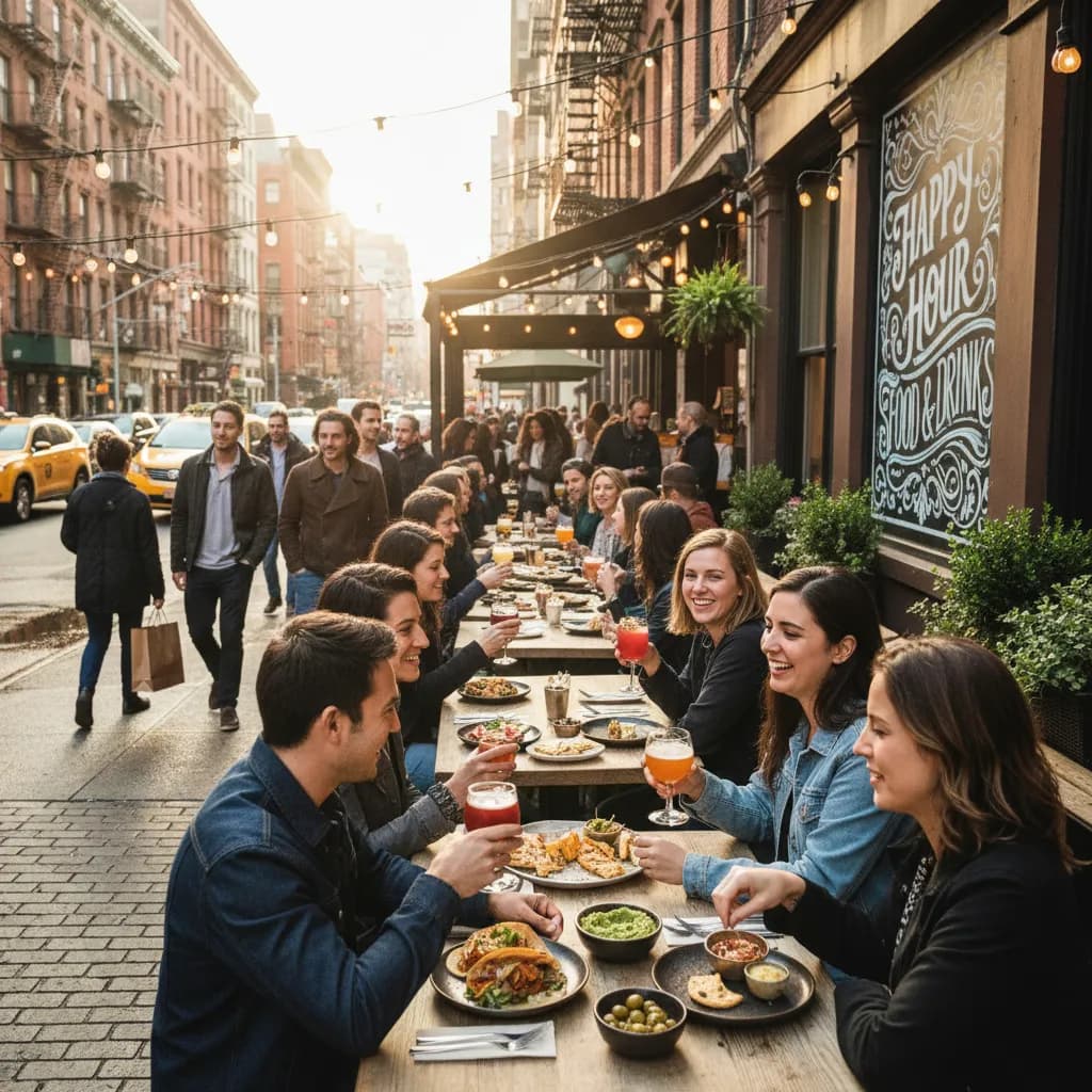 Editorial scene for NYC Happy Hour Guide For Real Food And Drinks in NYC.