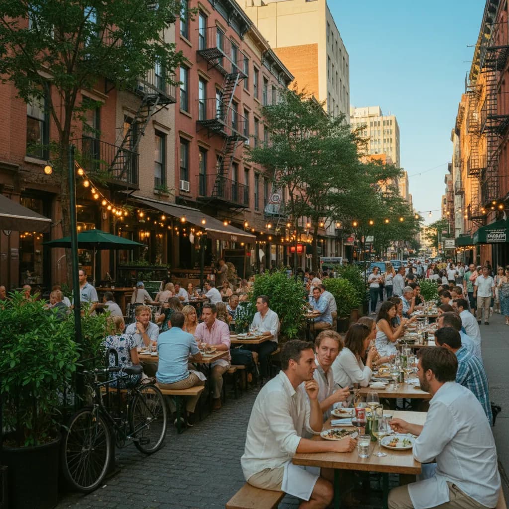 Editorial scene for NYC Outdoor Dining Spots For Warm August Evenings in NYC.