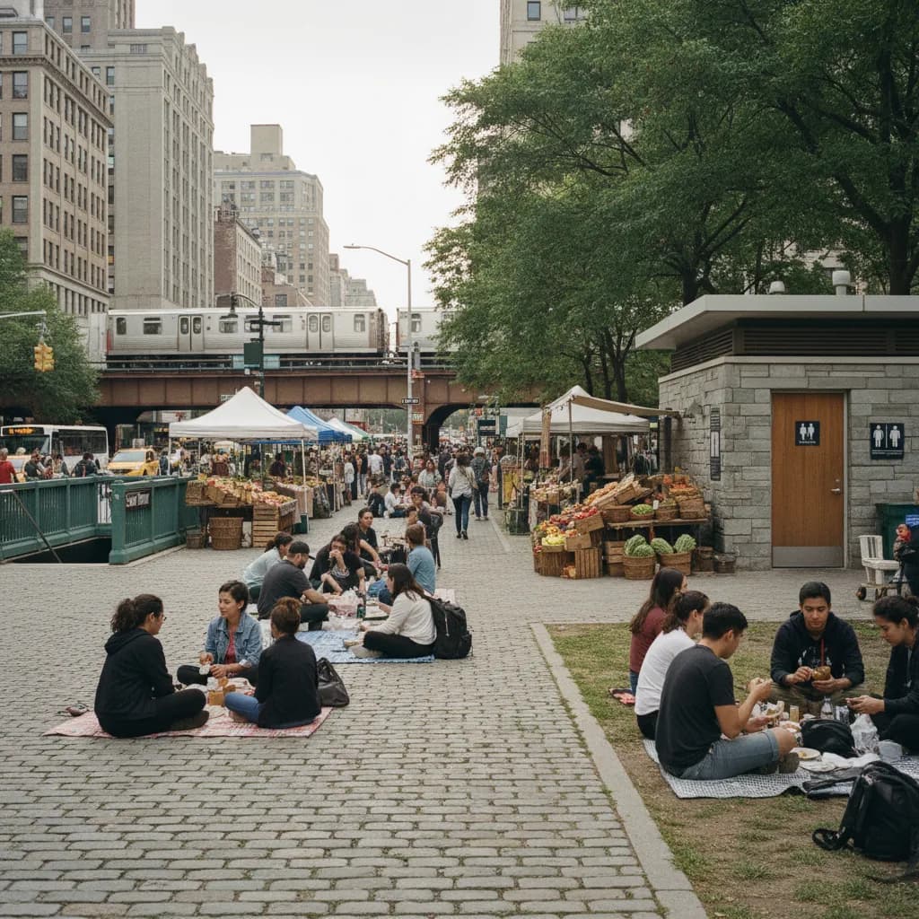Editorial scene for NYC Picnic Spots With Markets, Bathrooms, And Transit in NYC.