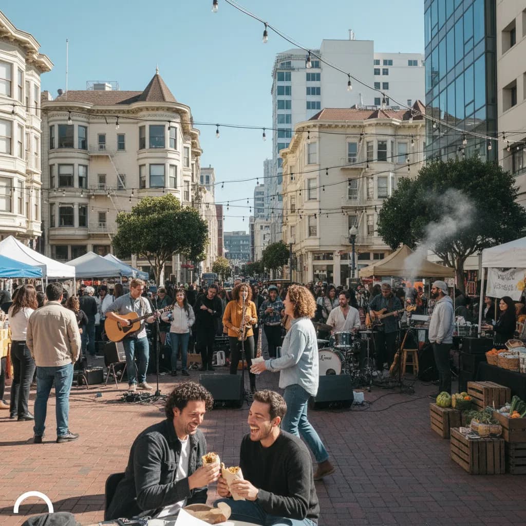 Editorial scene for SF Weekend Plan: Music, Markets, And Cheap Eats in SF.