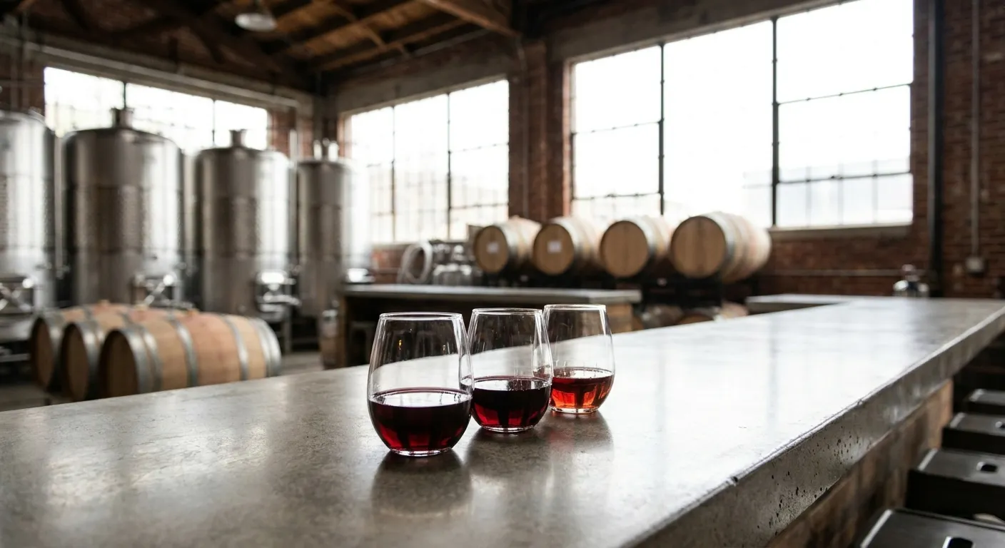 A flight of red wine on a concrete bar inside a warehouse winery with steel tanks and barrels behind
