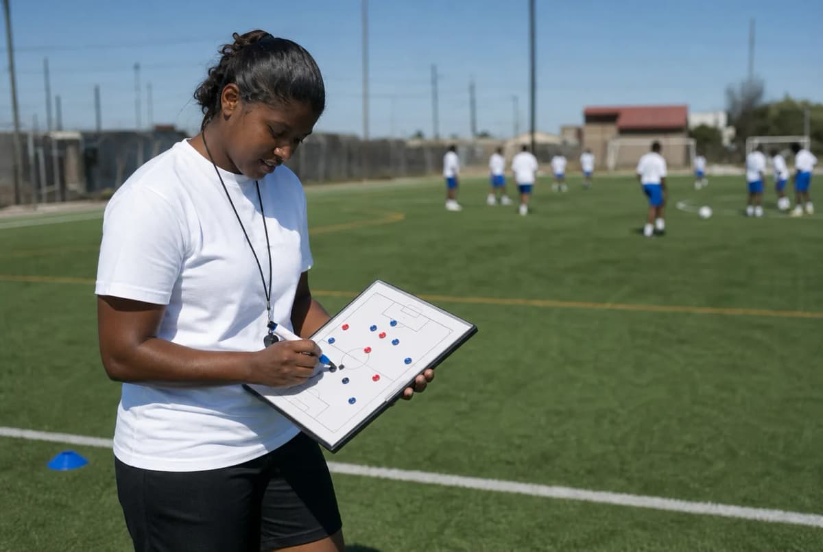 Bright realistic soccer coach training pitch image