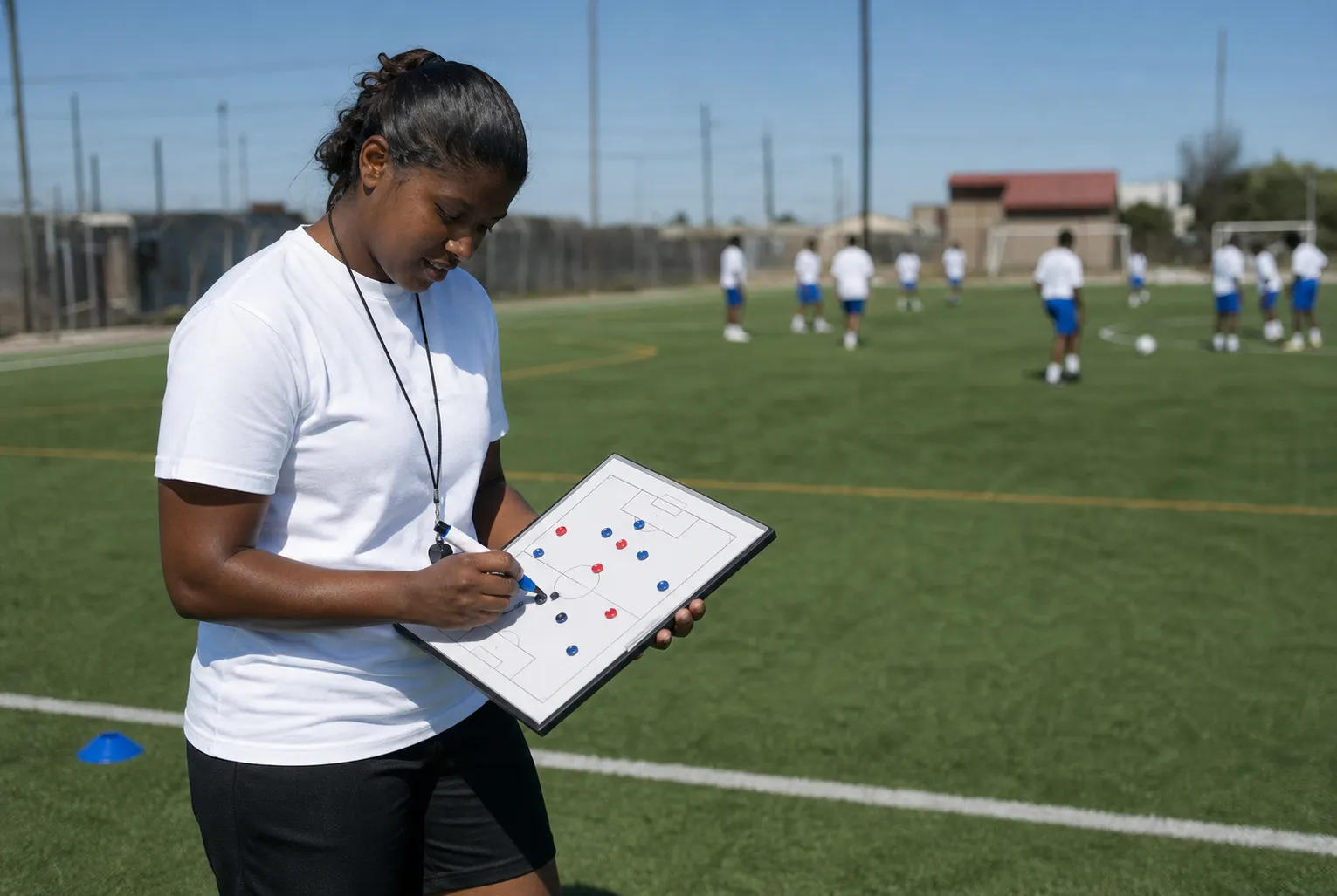 Bright realistic soccer coach training pitch image
