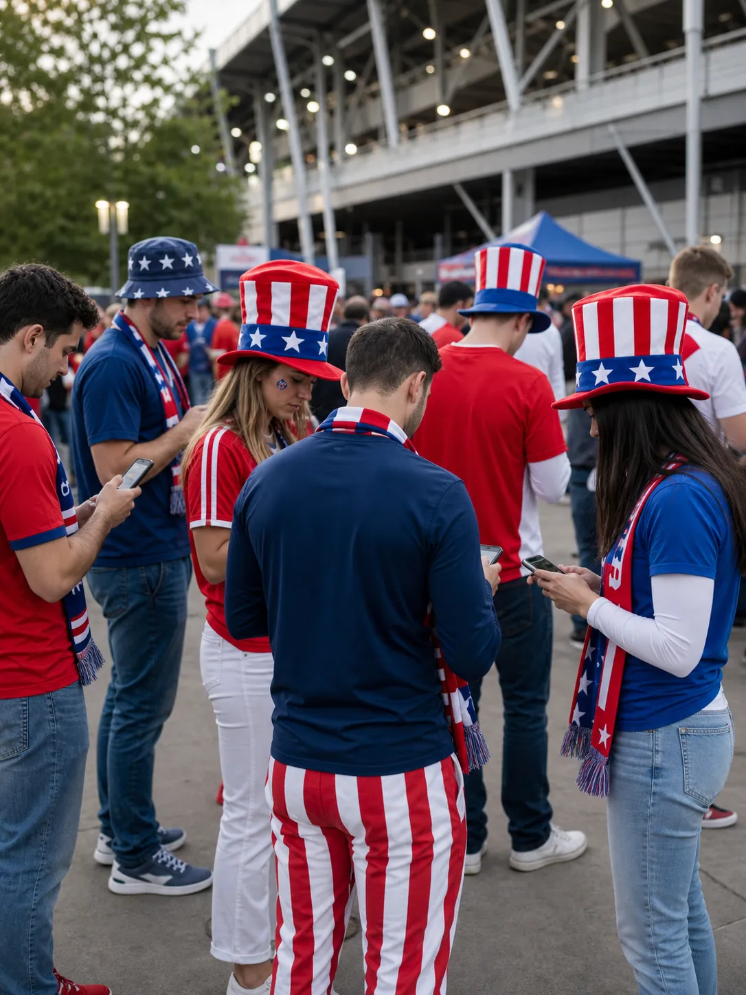Bright realistic USA fans checking lineup updates outside stadium
