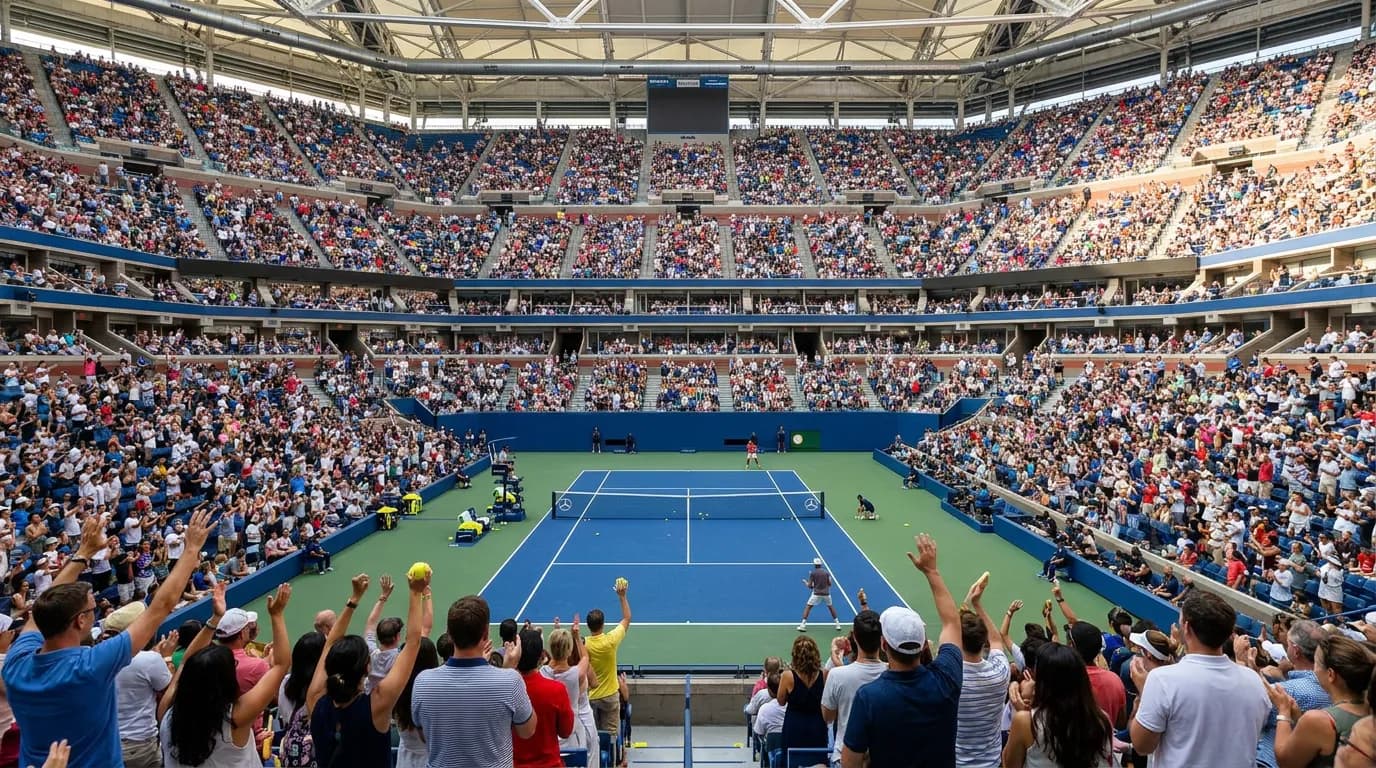 A packed Arthur Ashe Stadium surrounds a vivid blue tennis court during a bright, energetic US Open session.