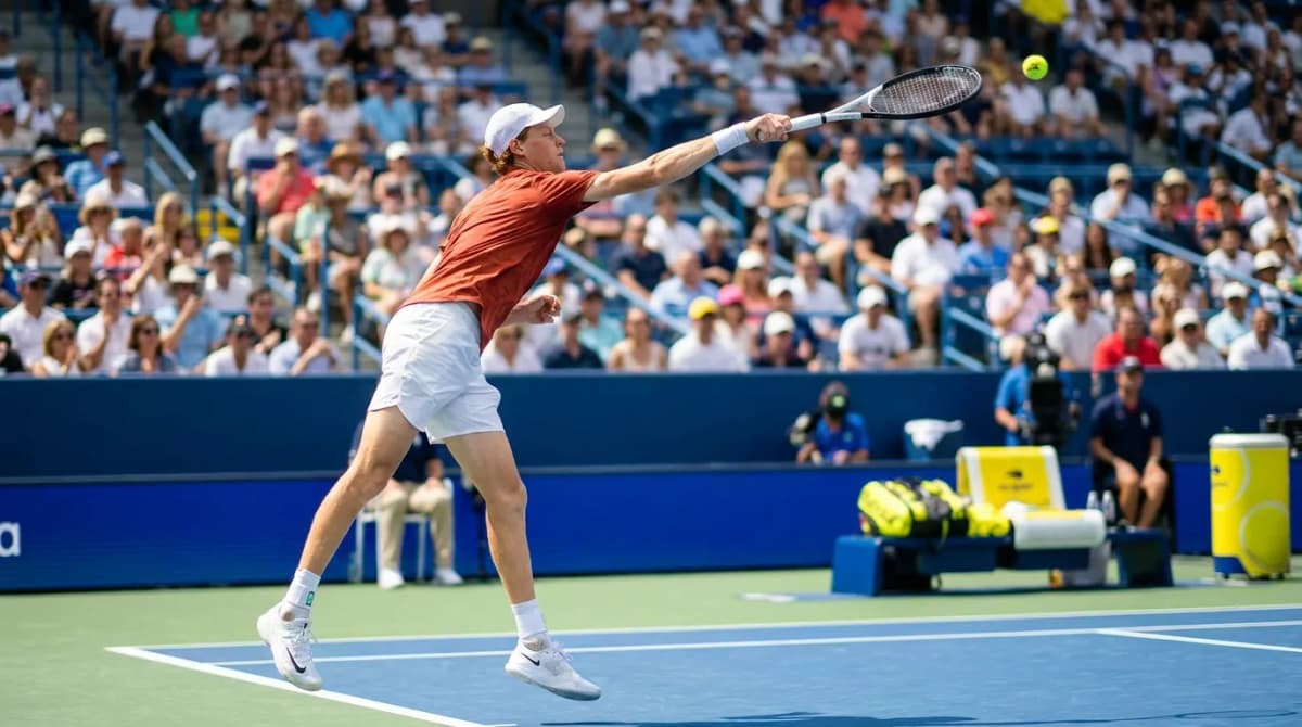 A red-haired elite tennis player strikes the ball on a bright blue hard court before an energetic New York crowd.