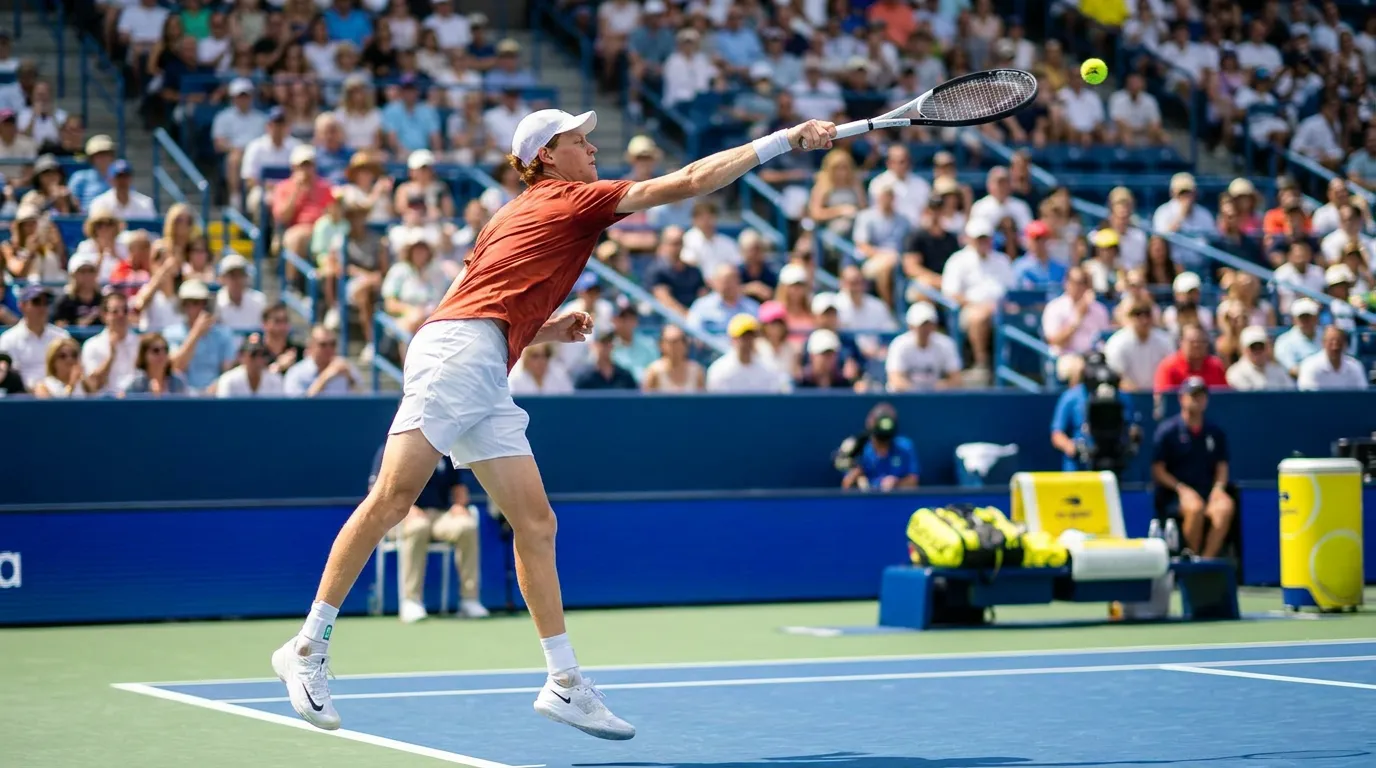 A red-haired elite tennis player strikes the ball on a bright blue hard court before an energetic New York crowd.