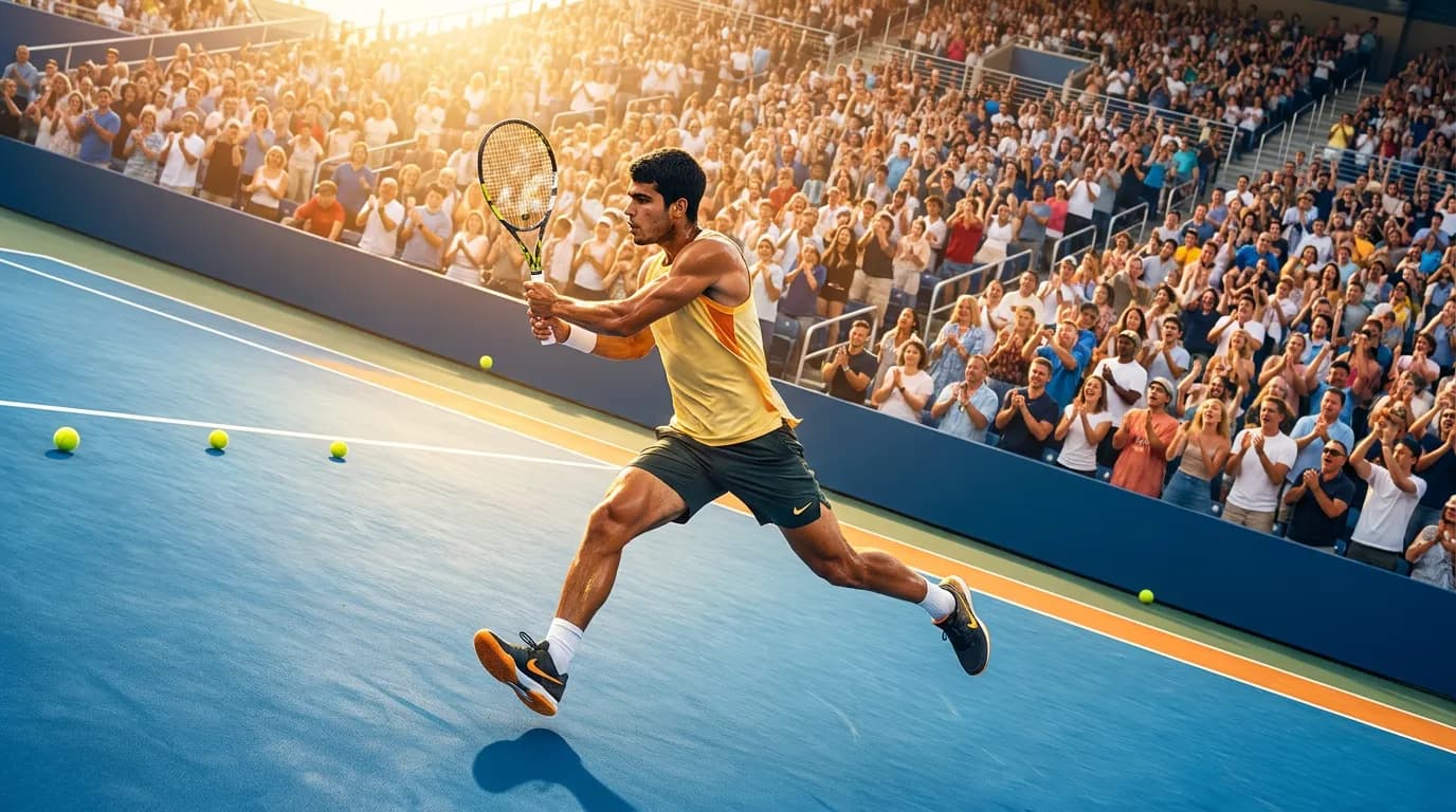 A dark-haired elite tennis player sprints into a forehand on a sunlit blue hard court as the crowd rises behind him.