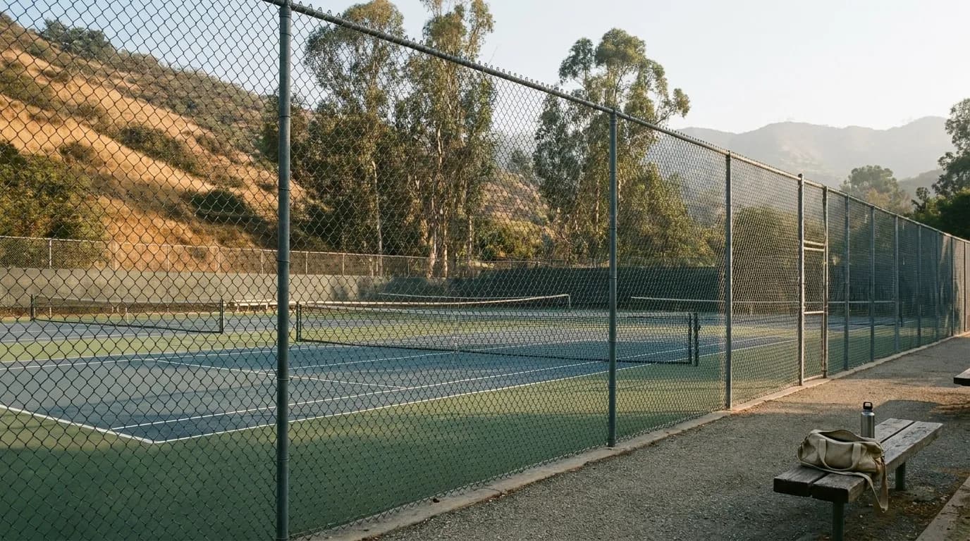 Public hard tennis courts in a Griffith Park canyon at eight in the morning with dry hillsides and eucalyptus behind the fence