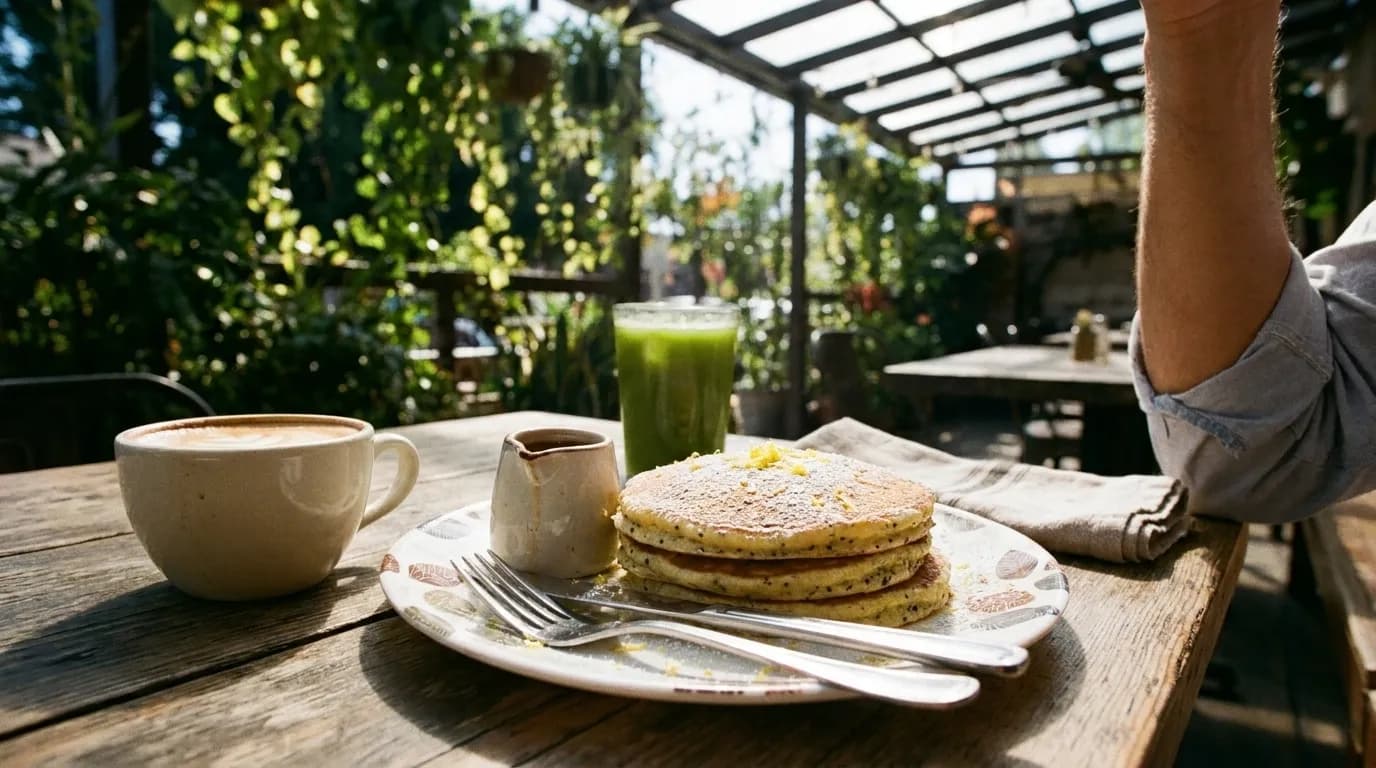 Lemon poppy seed pancakes, a flat white and a green juice on a wooden table on a plant-filled Echo Park cafe patio