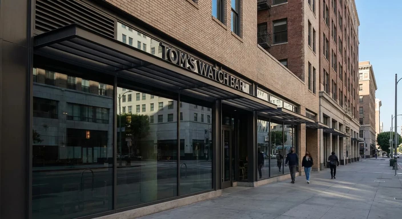 Tom's Watch Bar storefront on South Figueroa Street in downtown Los Angeles, with large windows and modern exterior signage