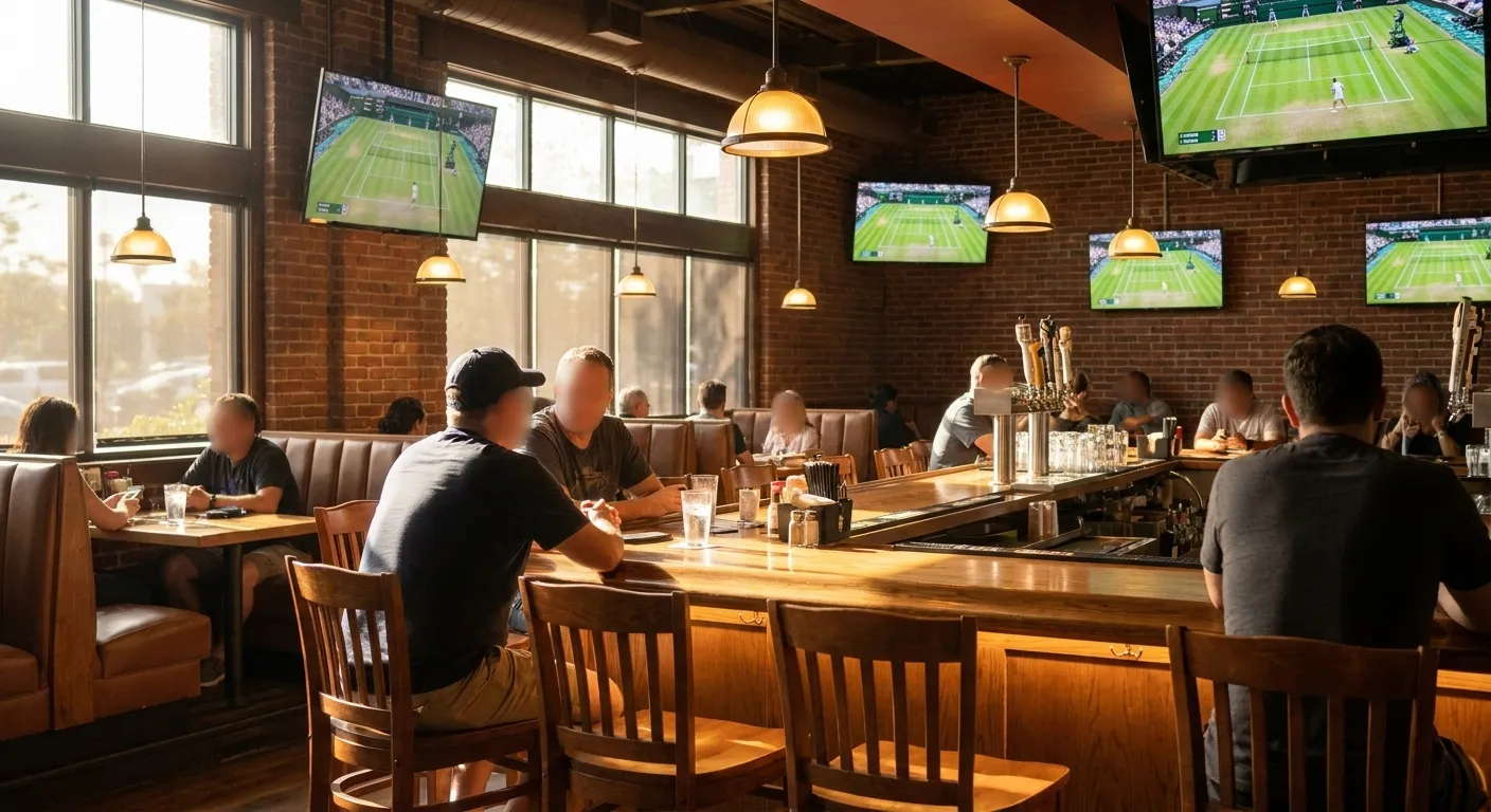 Interior of a Long Beach sports bar with multiple flat-screen TVs mounted on walls, bar counter with stools, and booth seating visible in background