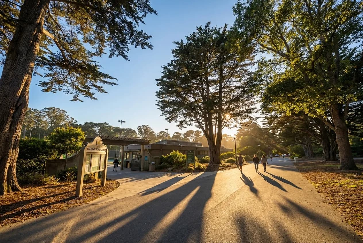 Entrance pathway to Goldman Tennis Center with Golden Gate Park trees and signage visible