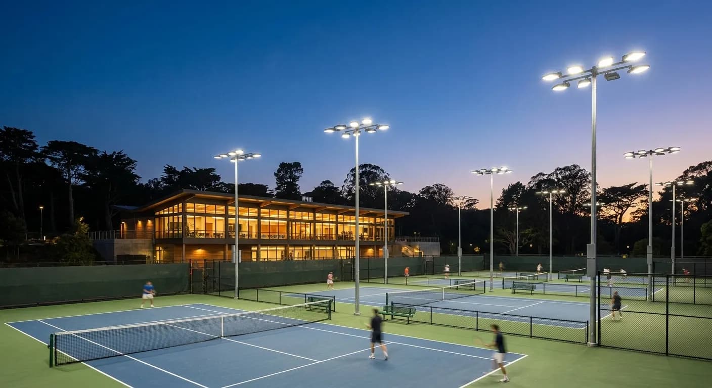 Goldman Tennis Center clubhouse and illuminated tennis courts at dusk in Golden Gate Park