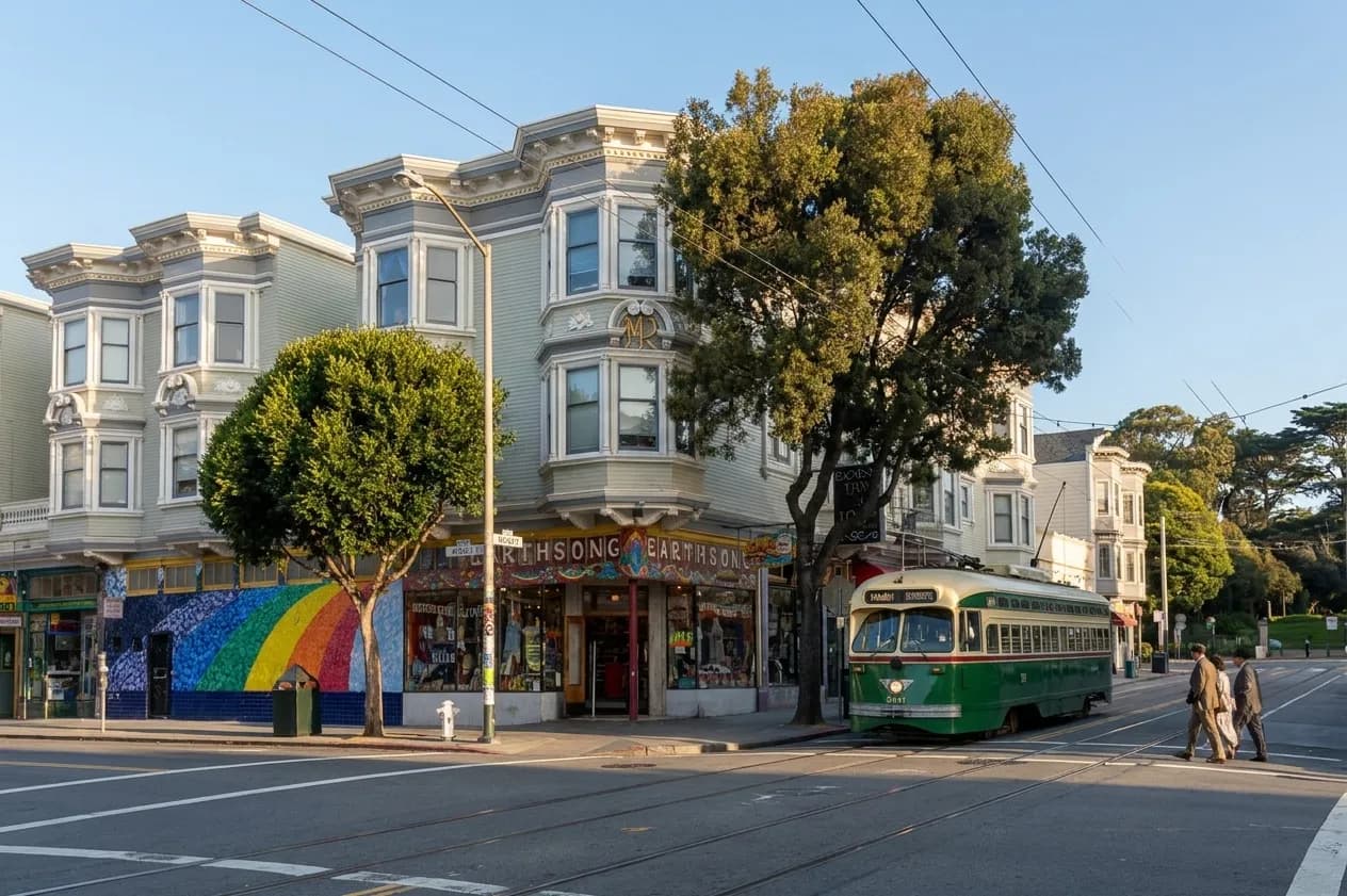 Stanyan Street in Cole Valley on an early weekend morning, with Golden Gate Park visible in the background and a Muni streetcar passing by