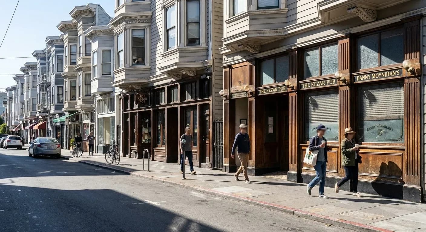 Haight Street in the Lower Haight with Victorian storefronts and traditional Irish pub exteriors under bright midday sun