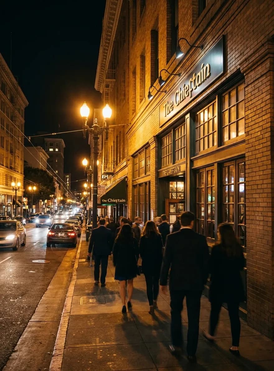 The Chieftain Irish pub exterior at night, showing lit windows, entrance signage, and Fifth Street sidewalk