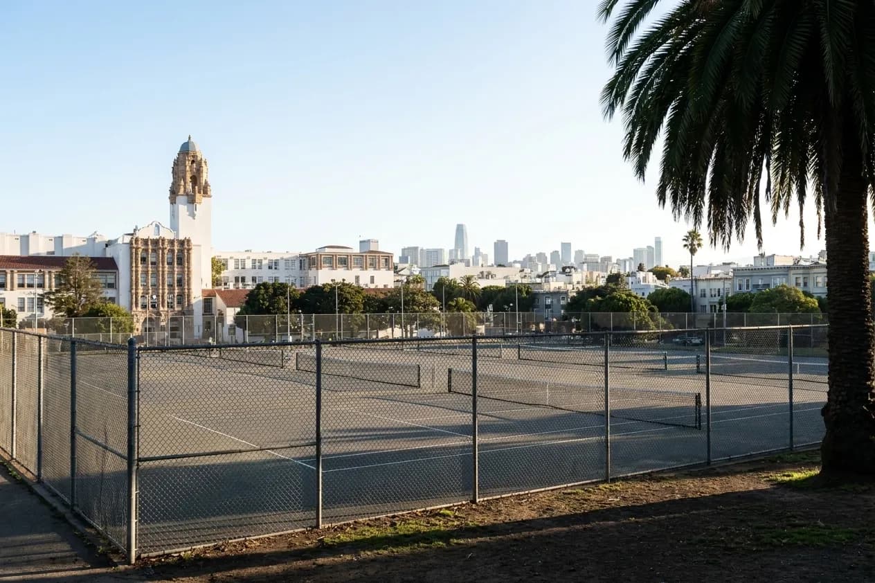 Chain-link fence surrounding hard-surface tennis courts at the edge of Dolores Park with palm trees and Mission District buildings in the background