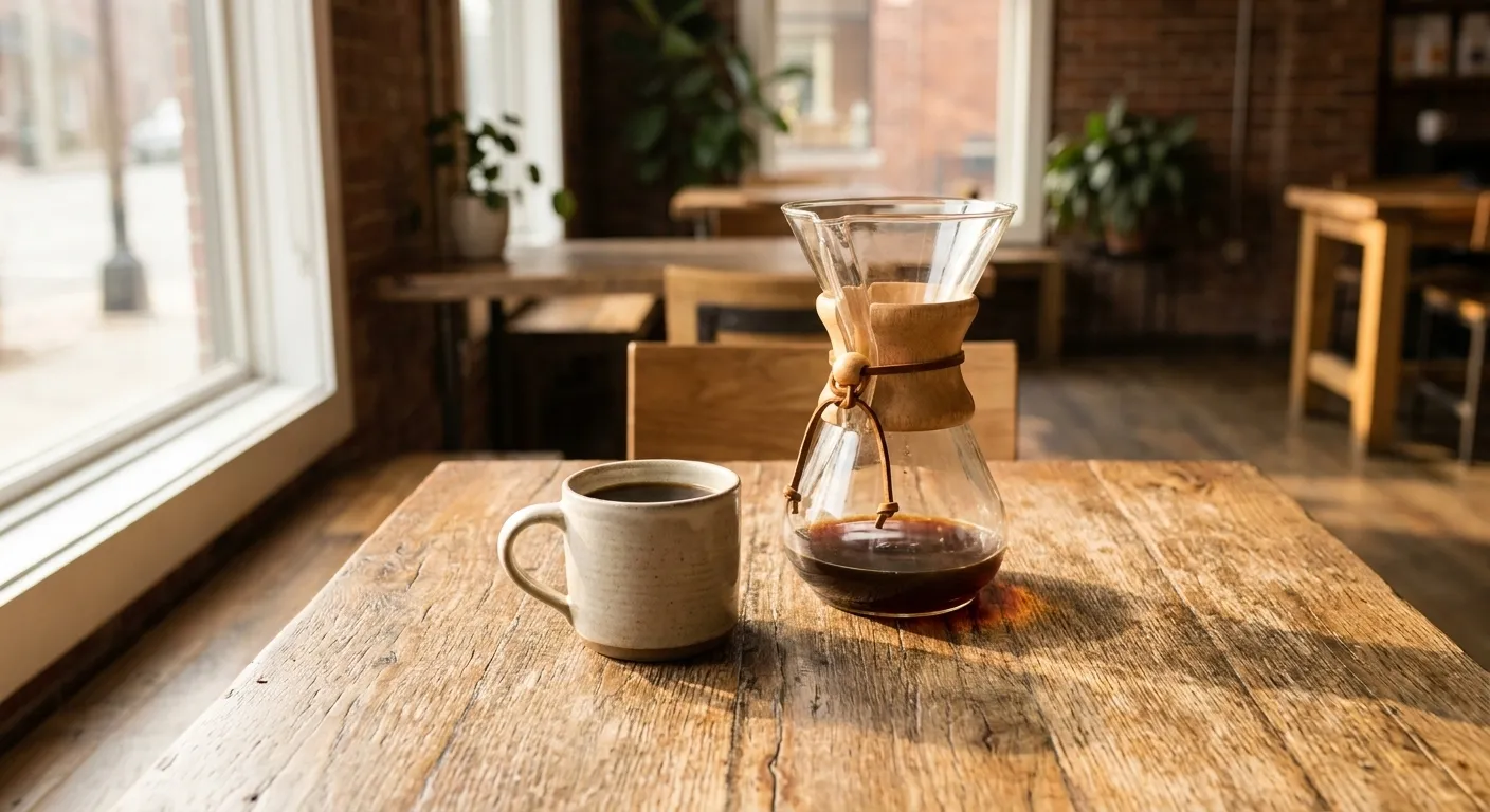 Ceramic mug of pour-over coffee on a wooden table at Ritual Coffee Roasters with a Chemex brewer in soft morning light