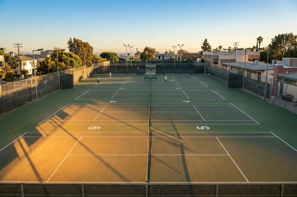 Six lighted tennis courts at Penmar Recreation Center in Venice with oversized court numbers visible on green playing surface