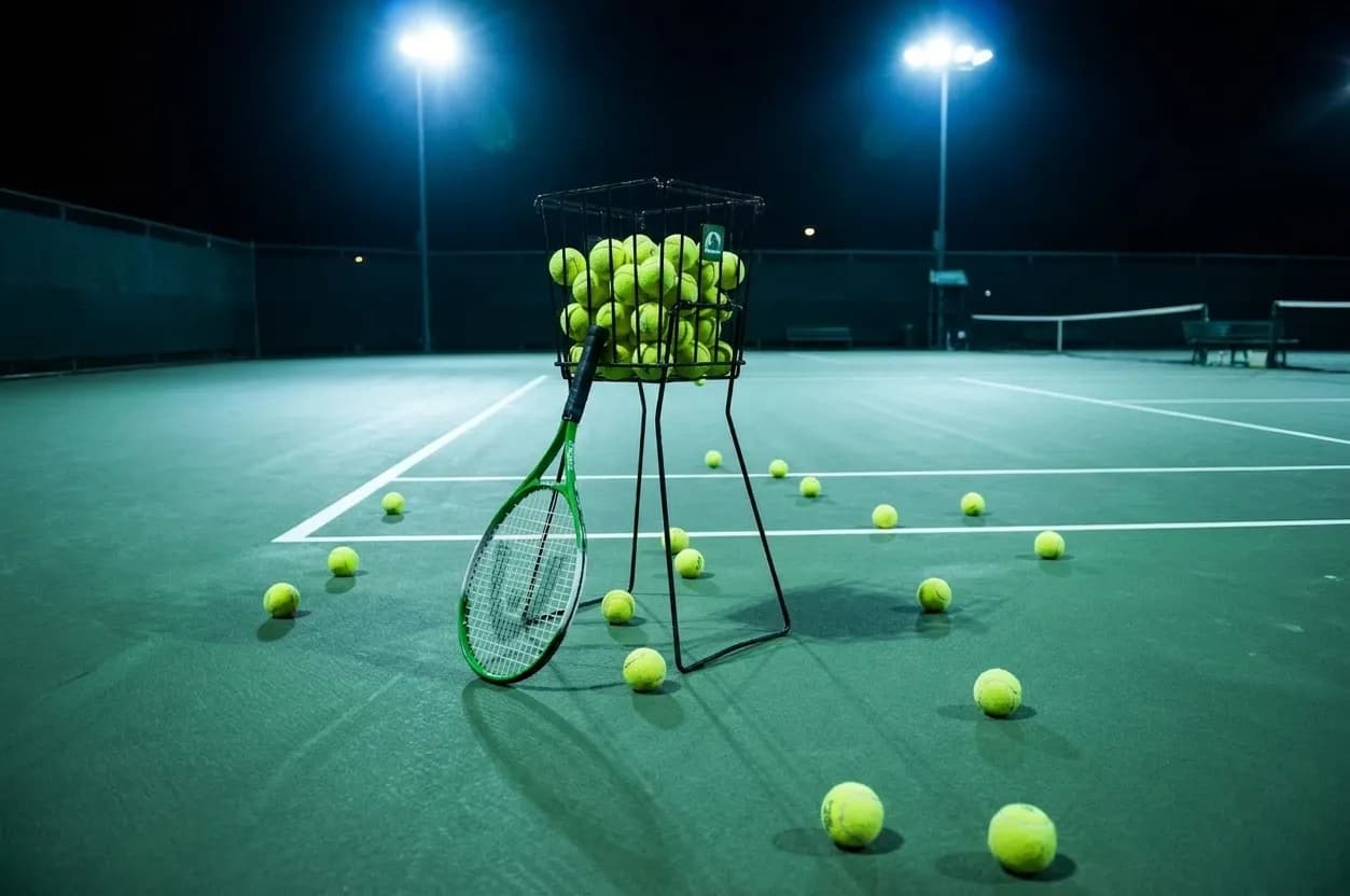 Tennis racket leaning against a ball hopper filled with yellow tennis balls on a green court surface under evening lights