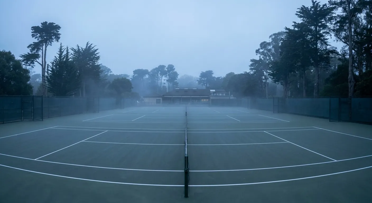 Rebuilt tennis courts at Goldman Tennis Center in Golden Gate Park with clubhouse and tree line