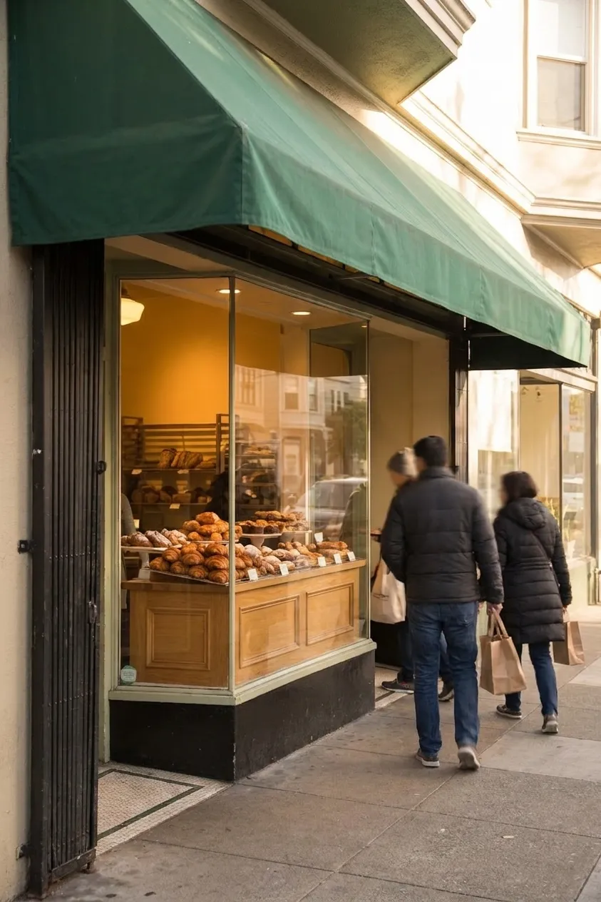Arsicault Bakery storefront on Arguello Boulevard in San Francisco's Inner Richmond with green awning and bakery case visible through window